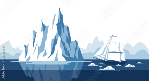 Arctic expedition voyage of discovery in icy waters illustration, isolated ship and icebergs scene exploration of the North Pole