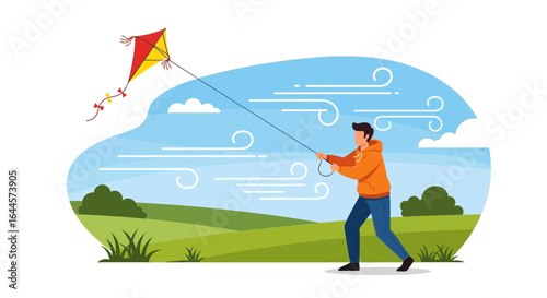 A vector illustration of a man flying a kite in a field on a windy day showcasing recreational activities