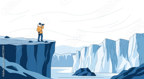 A vector illustration of a man standing on a cliff overlooking icebergs with binoculars in an arctic environment