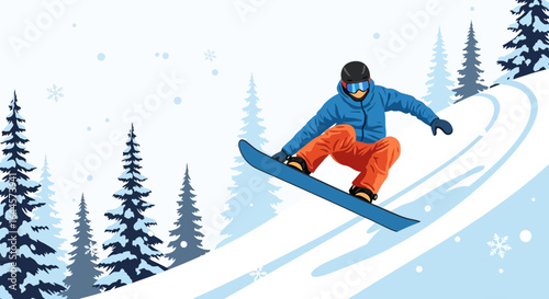 A vector illustration of a snowboarder performing a jump in a winter landscape among snowy pine trees and snowflakes