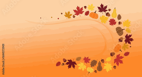 A vibrant autumnal design featuring a whirlwind of leaves, pumpkins, and acorns on a gradient background that evokes the fall season