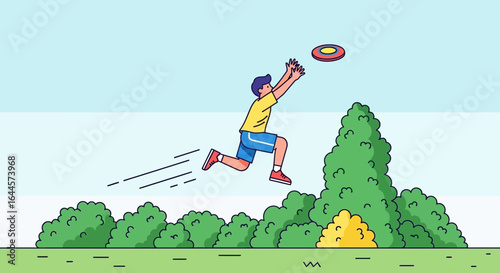 A vibrant cartoon illustration showcasing an active man catching a frisbee outdoors with playful design elements