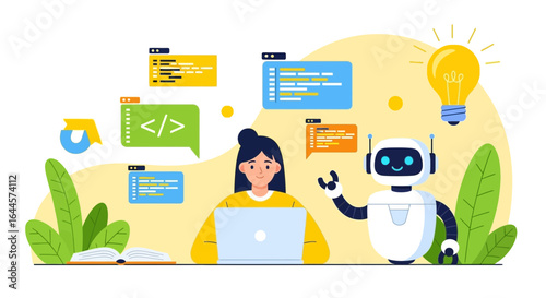 Artificial Intelligence Engineering Concept with Woman Coding and Robot Assisting