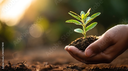 Hand holding a young sprout with sunlight filtering through leaves against an earthy background symbolizes growth, sustainability, and environmental awareness.