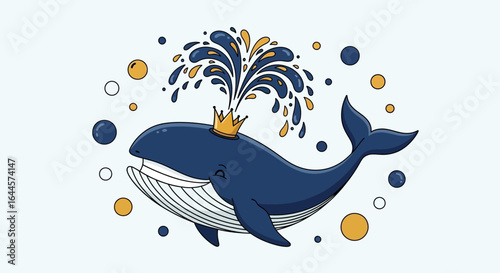 A whimsical cartoon whale adorned with a golden crown spouting water playfully in shades of blue and gold