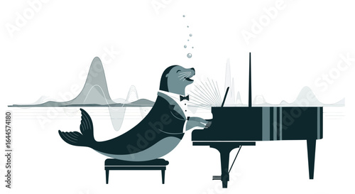 A whimsical depiction of a seal in a tuxedo playing a grand piano underwater emitting bubbles against a abstract sea background