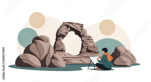 Artist Capturing Majestic Rock Formation Outdoor Scene with Sketchpad on Location