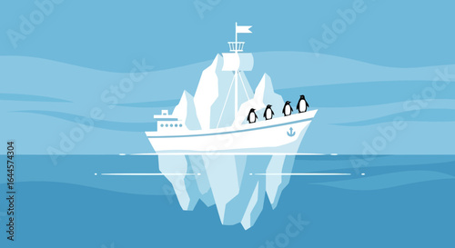 A whimsical illustration featuring penguins aboard a ship, atop a unique iceberg formation within a serene ocean landscape