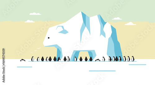 A whimsical illustration featuring penguins and a polar bear-shaped iceberg in a minimalist landscape setting