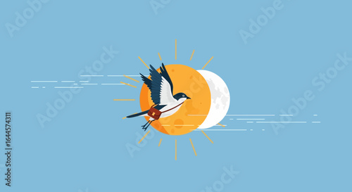 A whimsical illustration of a bird delivering mail across the sun and moon sky