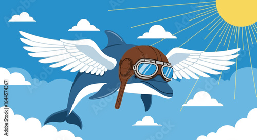 A whimsical illustration of a dolphin wearing a pilot helmet with wings in the sky
