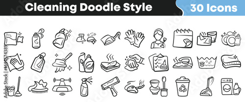 Set of 30 doodle style cleaning icons for housekeeping, sanitation, and hygiene services, hand drawn editable vector graphics pack