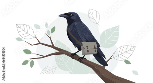 A whimsical illustration of a raven postman delivering mail in nature illustration
