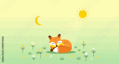 A whimsical illustration of a sleeping fox in a meadow under the sun and moon creating a charming and dreamy atmosphere