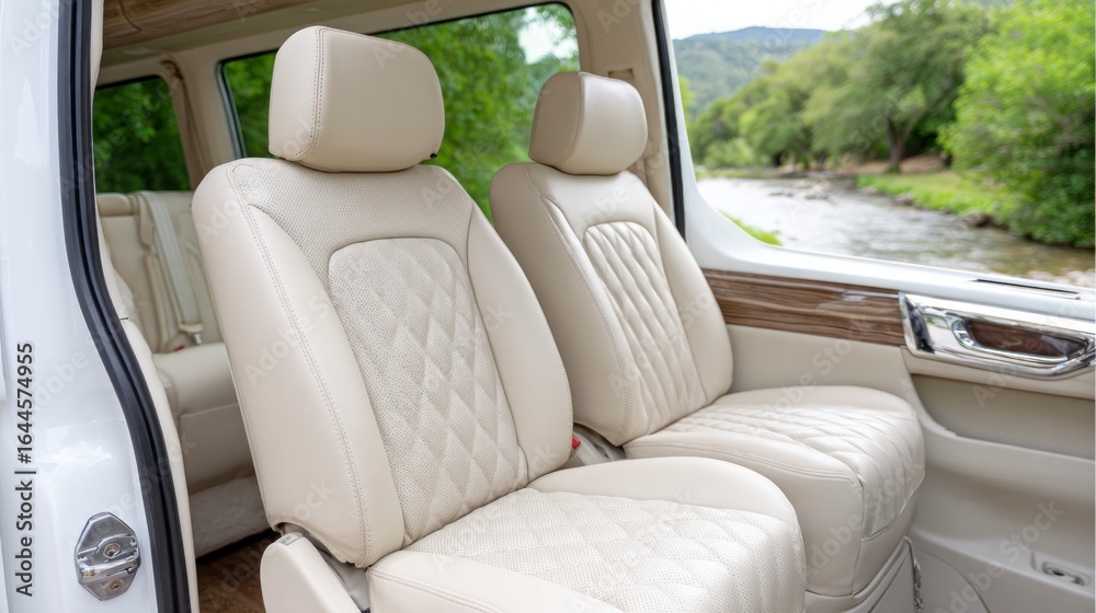 Obraz premium Luxurious cream leather van seats with intricate stitching viewed through a scenic window showcasing a river and trees