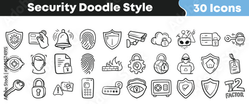 Set of 30 security doodle style icons with hand-drawn sketch design for cybersecurity, data protection, and privacy technology projects