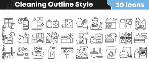 Collection of 30 outline style cleaning icons for housekeeping, sanitation, and hygiene services, editable vector graphics set