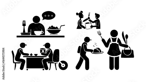 Restaurant dining experience food service staff customer interaction stick figure illustration vector design