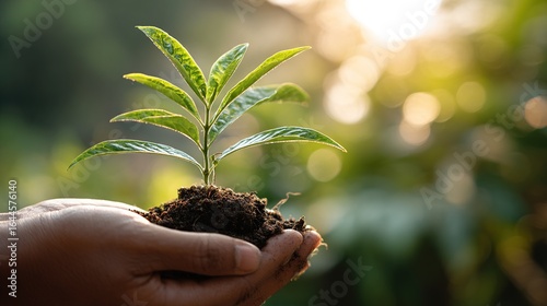 Hand holding a young sprout with sunlight filtering through leaves against an earthy background symbolizes growth, sustainability, and environmental awareness.