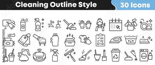 Set of 30 outline style cleaning icons for housekeeping, sanitation, and hygiene services, editable vector graphics pack