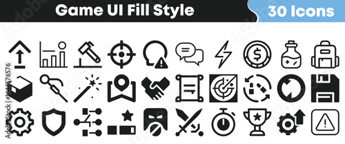 Set of 30 filled style game UI icons for interface design, mobile app, and web development, solid editable vector graphics pack