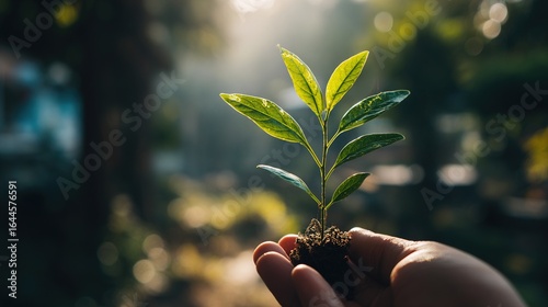Hand holding a young sprout with sunlight filtering through leaves against an earthy background symbolizes growth, sustainability, and environmental awareness.