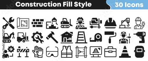 Construction fill style icon set for building, engineering, architecture, and industrial project design