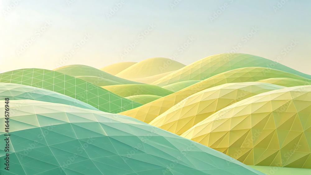 Obraz premium Abstract undulating geometric landscape with soft pastel gradients and a serene luminous sky above