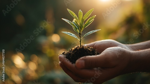 Hand holding a young sprout with sunlight filtering through leaves against an earthy background symbolizes growth, sustainability, and environmental awareness.