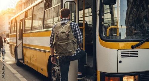 City Commute at Sunset: Man with Canvas Backpack Boards a Yellow Public Bus