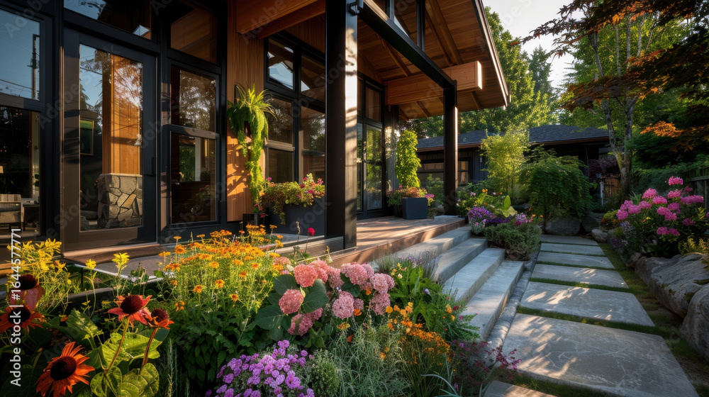 Fototapeta premium Beautiful modern house surrounded by vibrant flowers and lush greenery, featuring welcoming entrance with stone pathways and large windows that invite natural light. scene evokes sense
