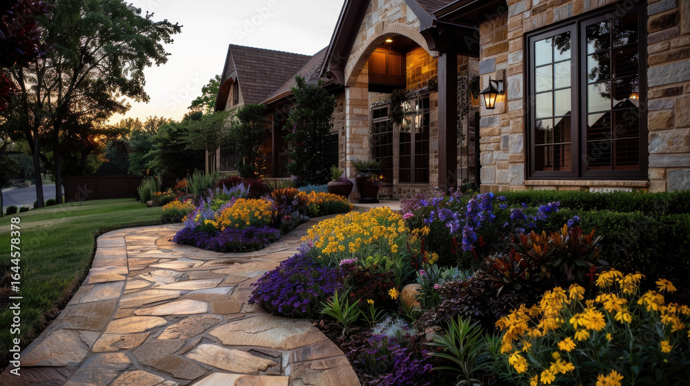 Obraz premium Beautifully landscaped pathway leads to charming home, surrounded by vibrant flowers and lush greenery. warm glow of evening light enhances inviting atmosphere of this picturesque setting