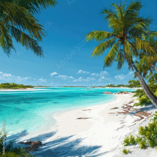Idyllic tropical beach scene; vibrant turquoise water laps a pristine white sand shore, framed by lush palm trees under a clear blue sky