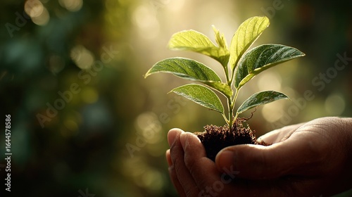 Hand holding a young sprout with sunlight filtering through leaves against an earthy background symbolizes growth, sustainability, and environmental awareness.