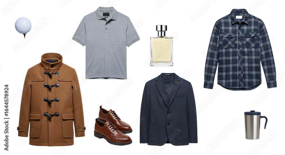 Naklejka premium LIFESTYLE - Stylish male outfit collection including brown duffle coat, grey polo shirt, blue plaid shirt, navy blazer, brown leather shoes, perfume bottle, and stainless steel travel mug