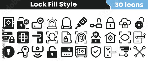 Lock fill style icon set with 30 bold security, access control, and privacy symbols for digital and physical protection in vector format