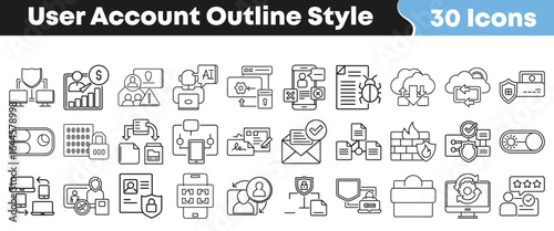 User account outline style icon set with 30 profile, login, and security symbols for digital identity management in editable vector format