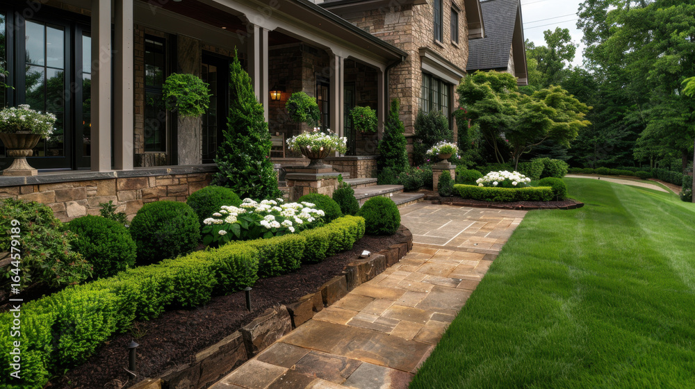 Beautifully landscaped garden featuring manicured hedges, blooming flowers, and stone pathways, creating serene outdoor space that enhances elegance of home Beautifully landscaped garden featuring manicured hedges, blooming flowers, and stone pathways, creating serene outdoor space that enhances elegance of home