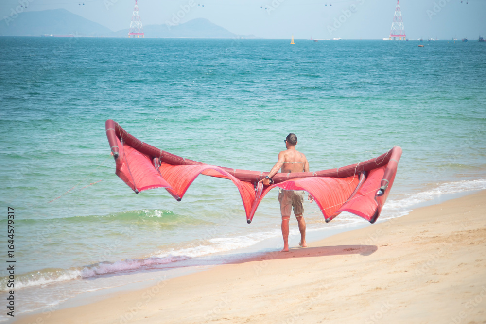 Obraz premium a man on a beach with a kite