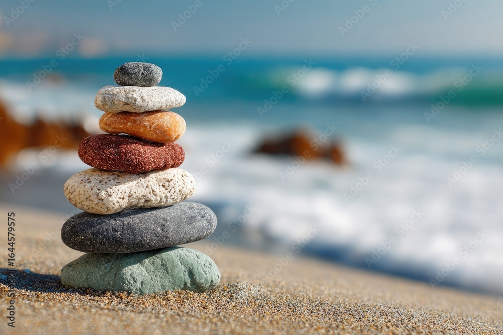 Fototapeta premium Stacked stones on beach, calm ocean