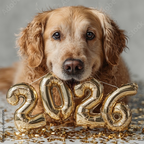 Golden Retriever Holding 2026 Balloons with Gold Confetti on Gray Background Celebrating New Year