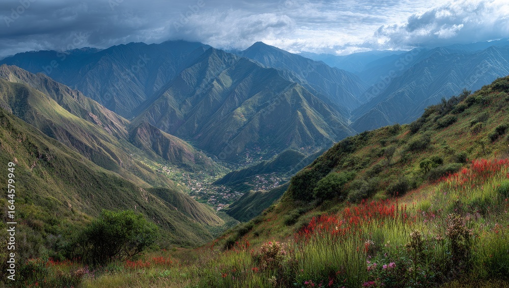 Fototapeta premium Mountain Valley Village Panorama Hiking Trail View