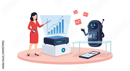 Businesswoman giving presentation alongside robot demonstrating business growth and ai technology for future innovation