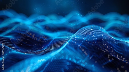 Abstract Blue Data Waves with Glowing Points on Dark Background Representing Digital Flow