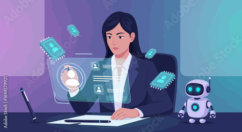 Businesswoman Interacting with AI on a Futuristic Interface in a Corporate Setting