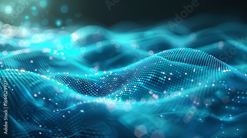 Abstract Blue Data Waves with Glowing Points on Dark Background Representing Digital Flow