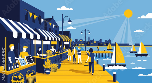 Bustling Seaside Market With Dockside Commerce And Sailboats On The Water