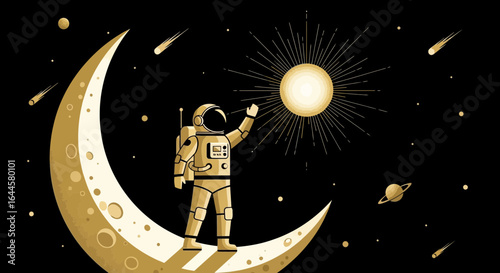 Astronaut Touching Sun Illustration In Golden Tones On Moon Surface