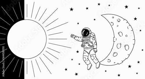 Astronaut's cosmic dance between the sun and the moon in a starlit space scene