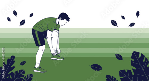 Athlete tying shoelaces outdoors against a background of greenery in nature